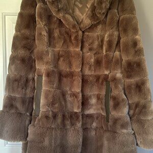 Jones New York Faux Fur Midi Length Coat Brown Luxury Cozy Fancy Size L